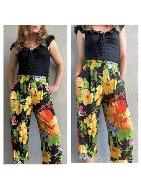 VTG Y2K Jams World Flora Grande Black Capri Floral Hawaiian Beach Pants L USA